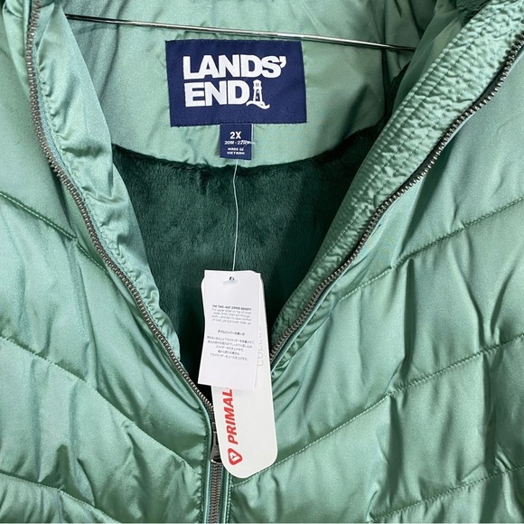 Lands End‎ Puffer Jacket Primaloft Faux Fur Hood Zip Up Sz 2X Green Fleece Lined - Picture 2 of 4